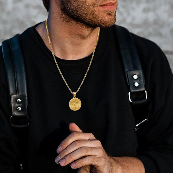Tree of Life Necklace for Men Boys, Stainless Steel Gold Color Frosted Background Pendant