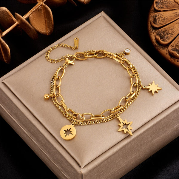 316L Stainless Steel 2-layer Hollow Out Stars Bracelet For Women