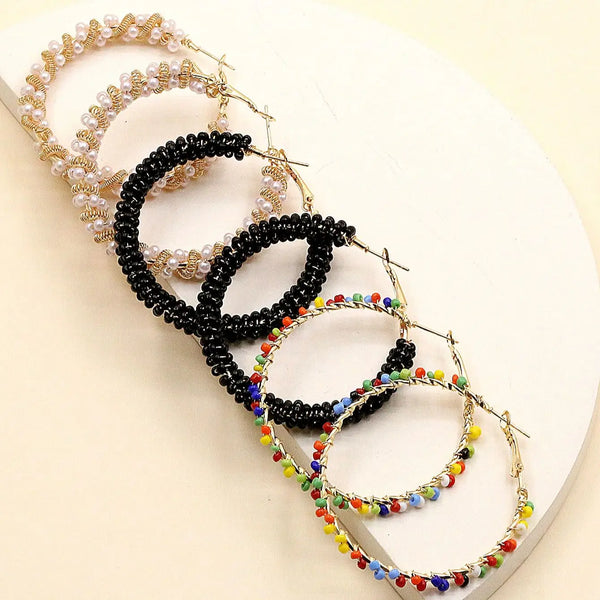 6 Pieces Summer Exaggerated Ladies Color Handmade Rice Bead Hoop Earrings