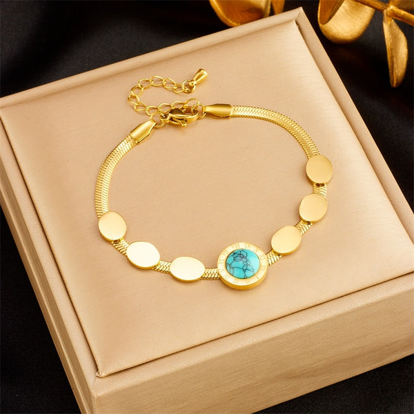 316L Stainless Steel Roman Numerals Green Stone Bracelet For Women