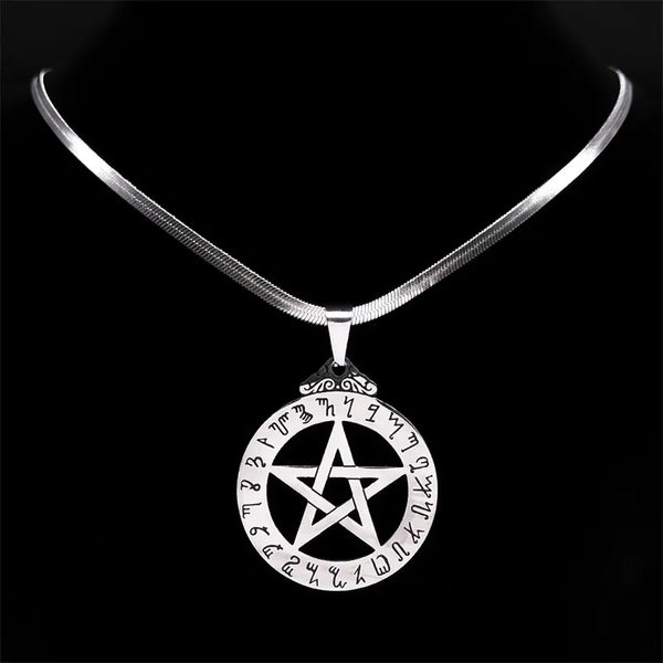 Collar de pentagrama de bruja para mujer y hombre, de acero inoxidable, color plata.