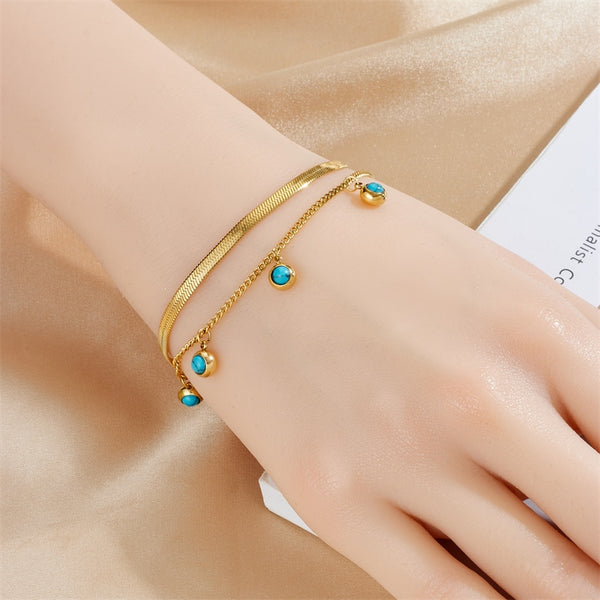 Pulsera de acero inoxidable 316L color oro y plata con dije de piedra verde de dos capas para mujer