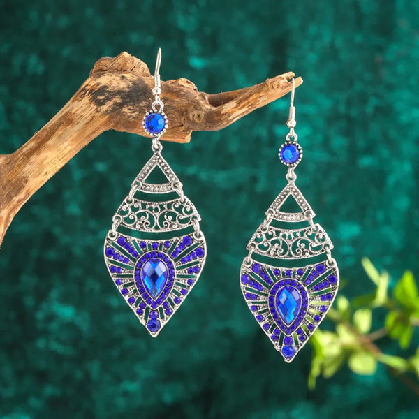 Pendientes colgantes bohemios vintage azul real para mujer