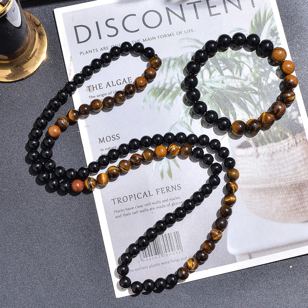 Collar de cuentas de ojo de tigre amarillo de 8 mm con ónix negro, gargantilla larga para hombre y mujer, conjunto de joyas