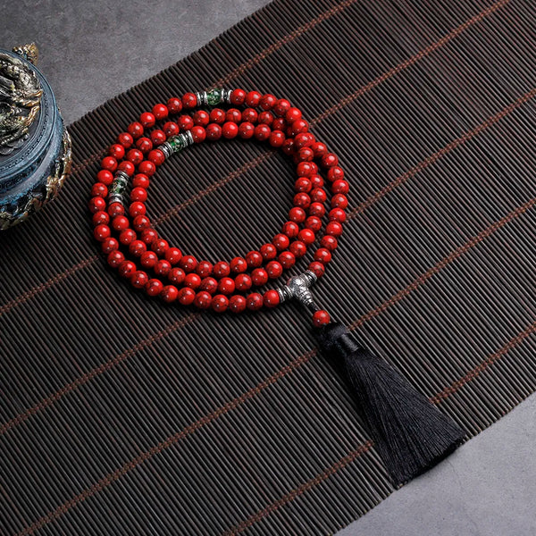 Collar de cuentas de piedra de pino rojo 108 con borla, joyería para mujer, collar de oración de meditación de yoga