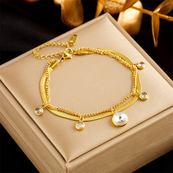 Pulsera de acero inoxidable 316L de dos capas con dije de cristal de circonita blanca grande para mujer