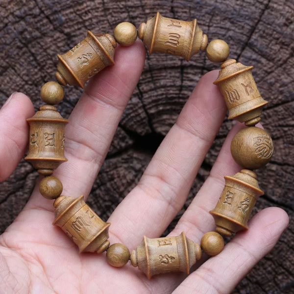 Rueda de oración giratoria budista, rueda de oración, hecha a mano en madera de sándalo, pulsera