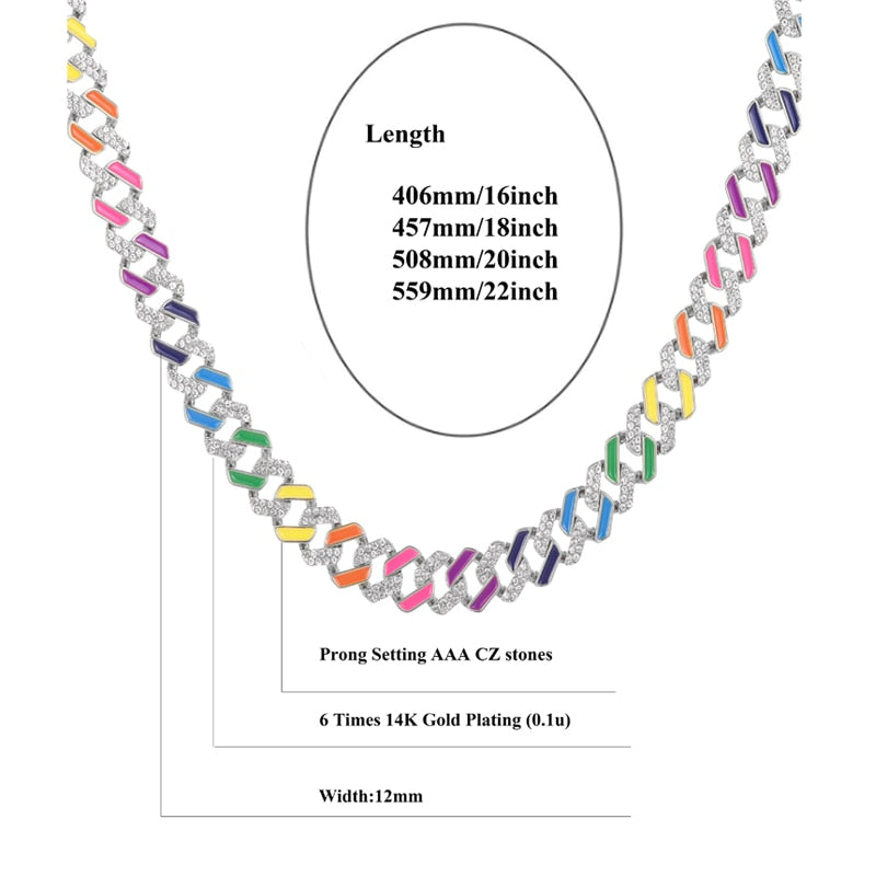Hip Hop 12mm colorful Cuban Link Chain For Men Iced Out Bling Cuban Chain