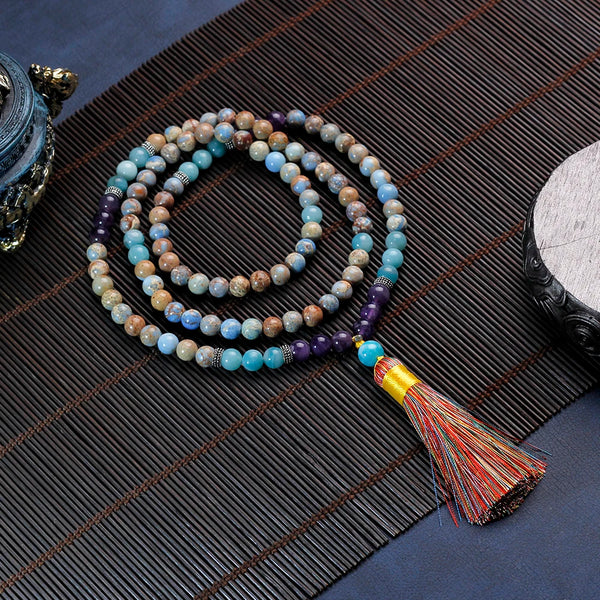 Collar de cuentas de 108 cuentas de 8 mm para mujer y hombre, con borlas, ideal para meditación y yoga.