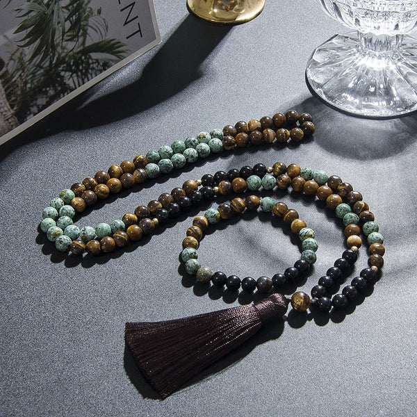 Collar de japamala con cuentas de ojo de tigre natural, turquesa africana, ónix negro, 8 mm, conjunto de joyería para meditación y oración