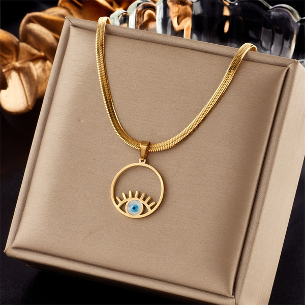 Collar con colgante de ojo redondo recortado de acero inoxidable 316L para mujer
