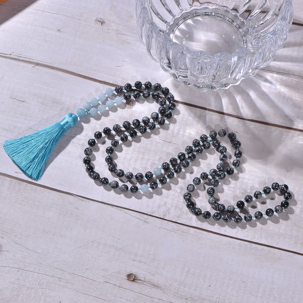 Collar Mala 108 anudado con cuentas de obsidiana y aguamarina de 8 mm