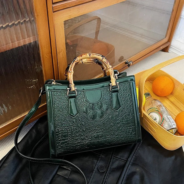 Fashion Women Handbag with Bamboo Handle Retro Crocodile Pattern Commuter Versatile Satchel