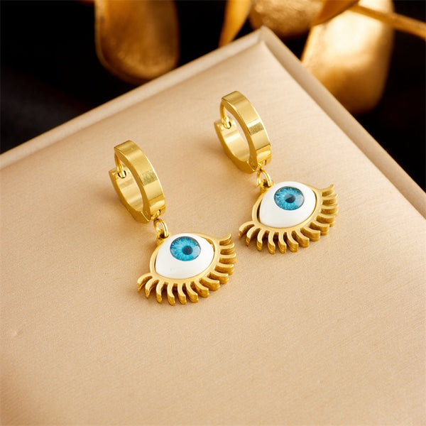 Pendientes de aro de acero inoxidable 316L con forma de ojo azul y pestañas para mujer