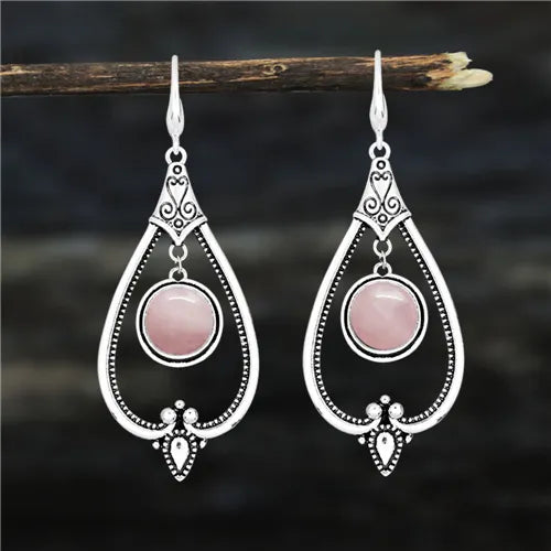 Pendientes colgantes redondos de cuarzo rosa para mujer