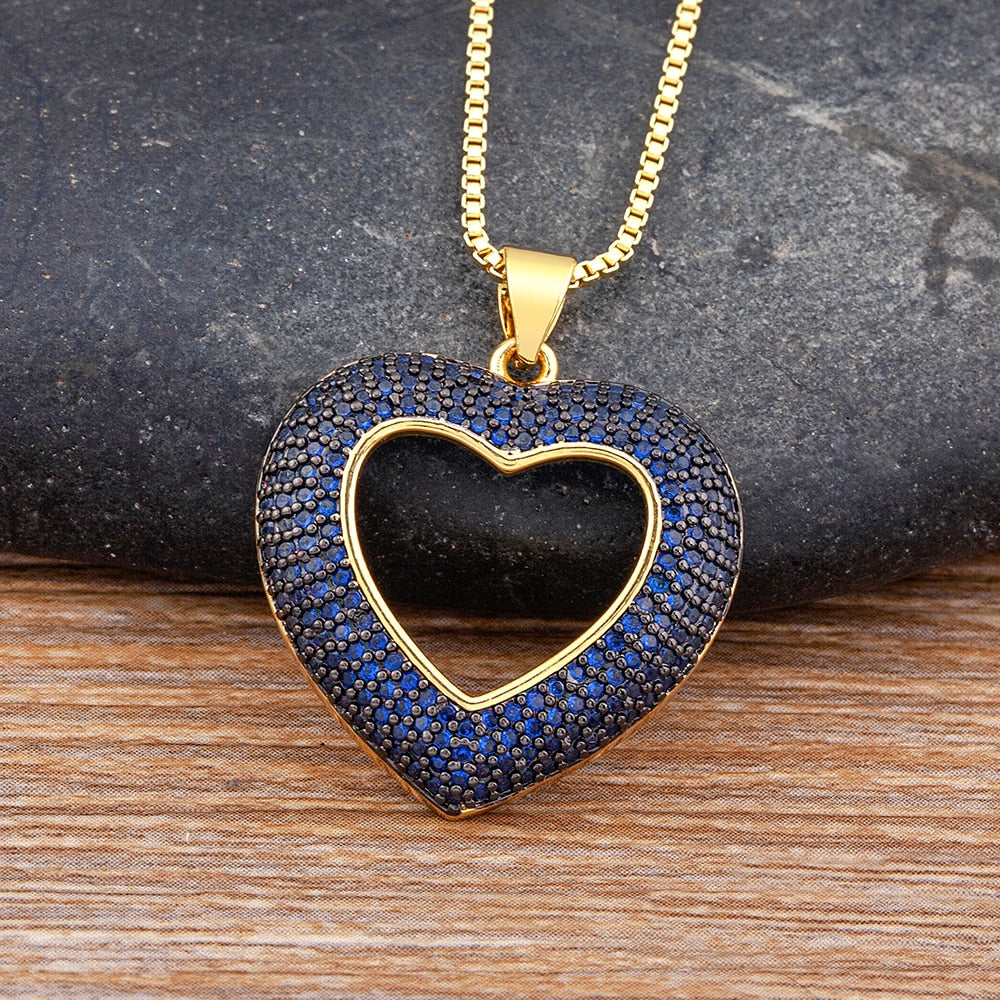 Top Quality 4 Colors Heart-Shaped Hollow Crystal Zircon Pendant Gold Chain Necklace Women