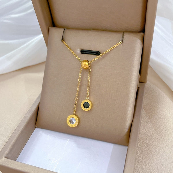 Collar con colgante de borla larga con disco de números romanos, sencillo y a la moda, chapado en oro