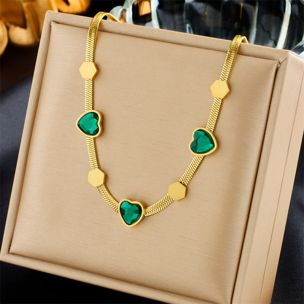 316L Stainless Steel Green Heart Crystal Pendant Necklace For Women
