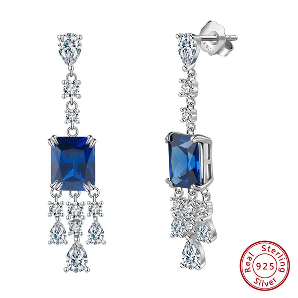 Real 925 Sterling Silver Created Sapphire Dangle Earrings with Rhodium 5A Clear CZ for Women
