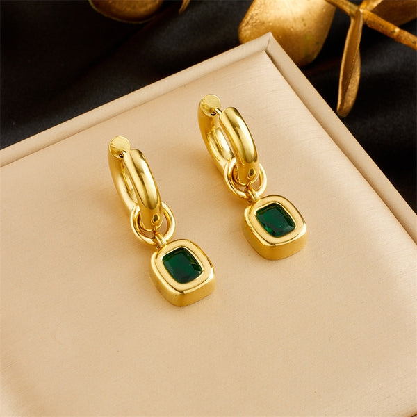 Pendientes de acero inoxidable 316L con dije de cristal verde para mujer