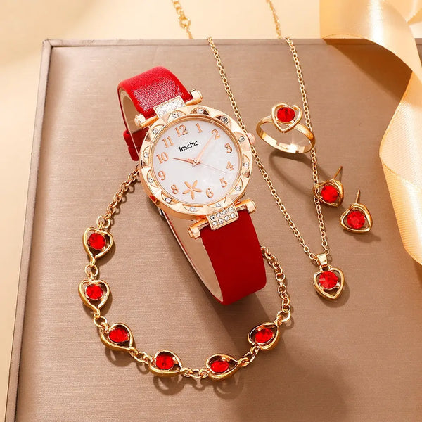 Juego de 6 piezas de reloj de cuarzo rojo de lujo para mujer, anillo, collar y pendientes