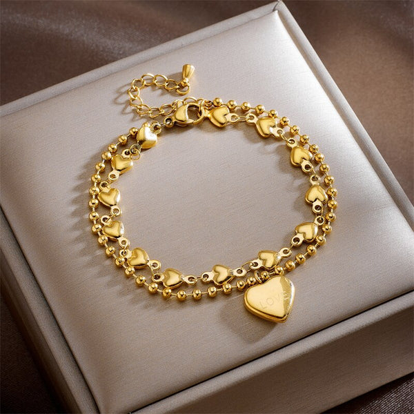 316L Stainless Steel Gold Color Heart LOVE Charm Bracelet For Women
