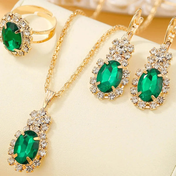 Conjunto de collar, pulsera, anillo y pendientes ovalados de color verde esmeralda
