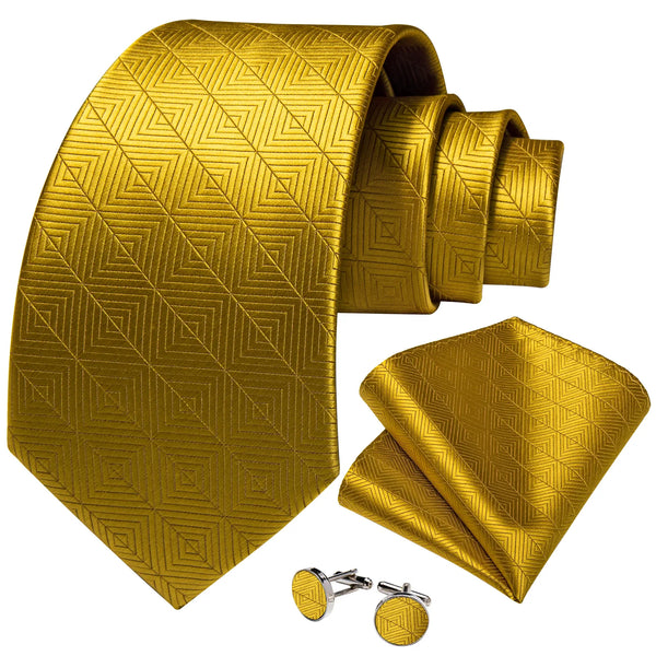 Luxury Gold Check Silk Jacquard Ties for Men Pocket Square Cufflinks