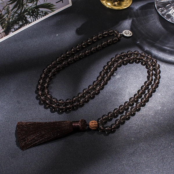 Collar mala 108 anudado con cuentas de cuarzo ahumado de 8 mm para meditación, yoga y oración.
