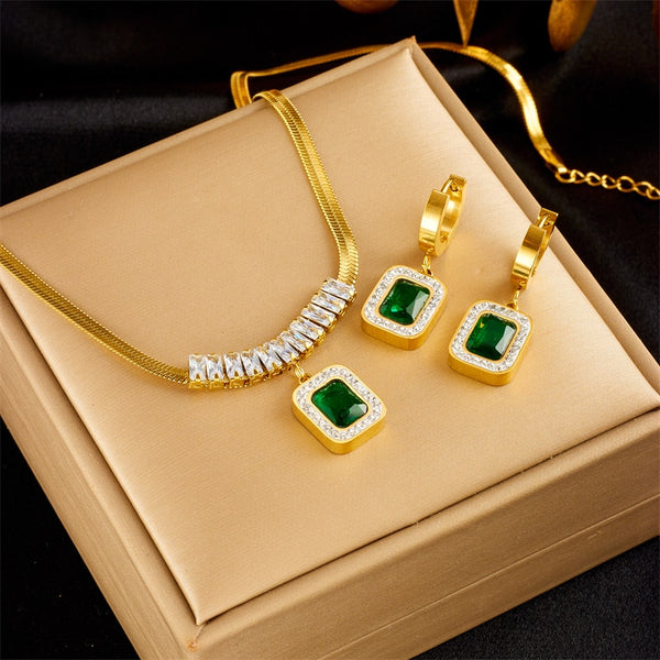 316L Stainless Steel Luxury Non-fading Square Green Crystal Zircon Pendant Necklace Earrings Jewelry Set