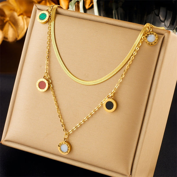 316L Stainless Steel Round Colorful Roman Numeral Pendant Necklace For Women
