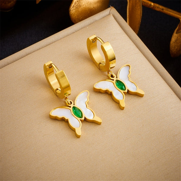 316L Stainless Steel Butterfly Green Zircon Earrings For Women