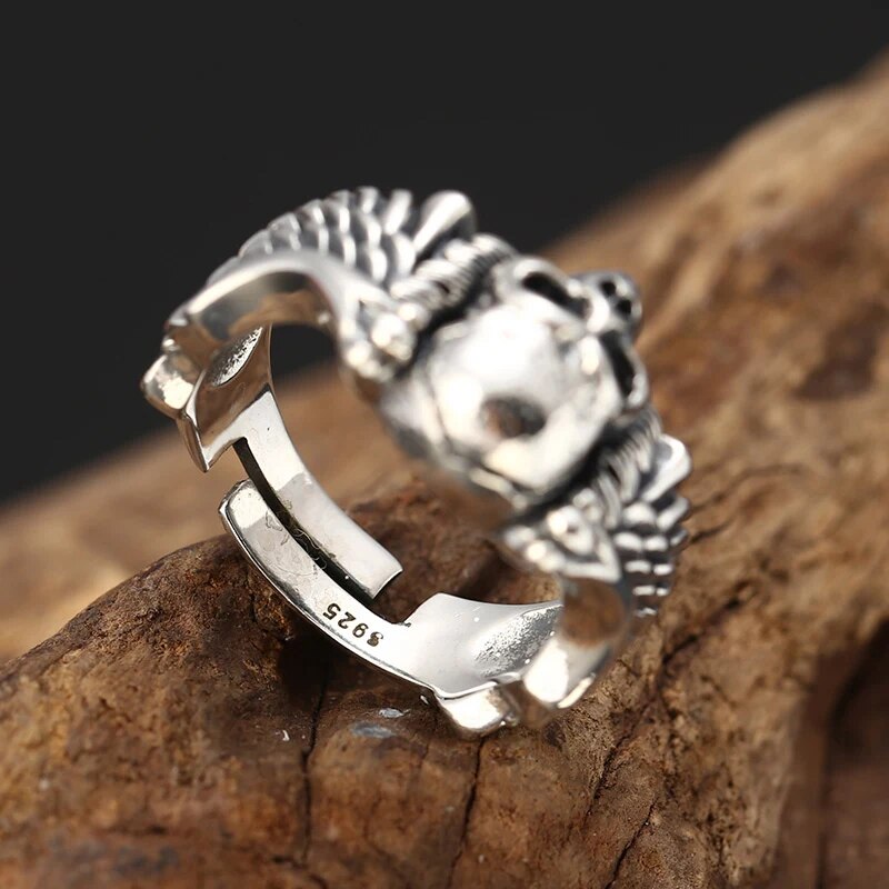 Men's Sterling Silver 925 Ring Retro Exaggerated Devil Wings Punk Skull Man Holiday Gift Ring