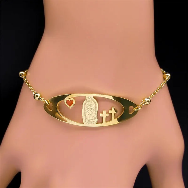 Pulsera de la Virgen María Guadalupe para mujer y hombre, acero inoxidable, color dorado, cruz, rosario, regalos