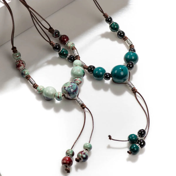 Bohemian Vintage Handmade Necklace Leaf Ceramic Beads Pendant