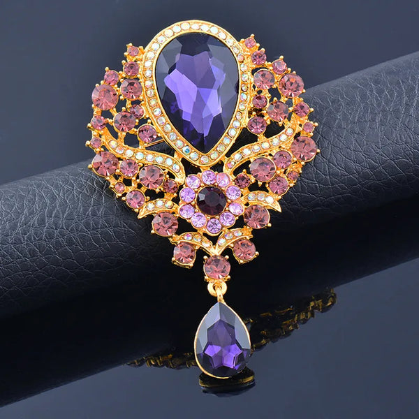 Broches vintage de circonita cúbica morada con piedra grande ovalada para mujer