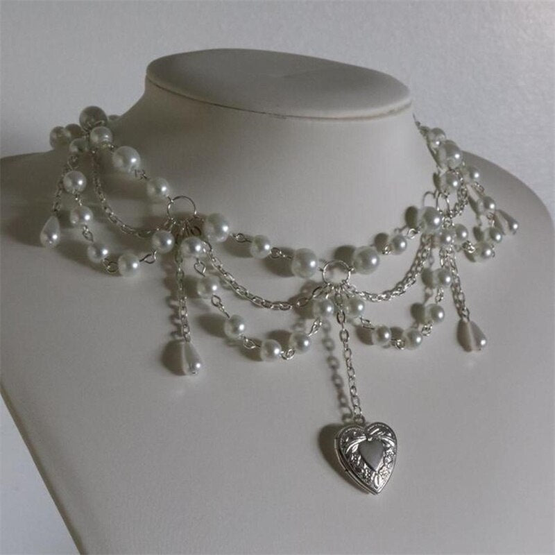 Pearl Heart Locket Style Layered Necklace Handmade Necklace