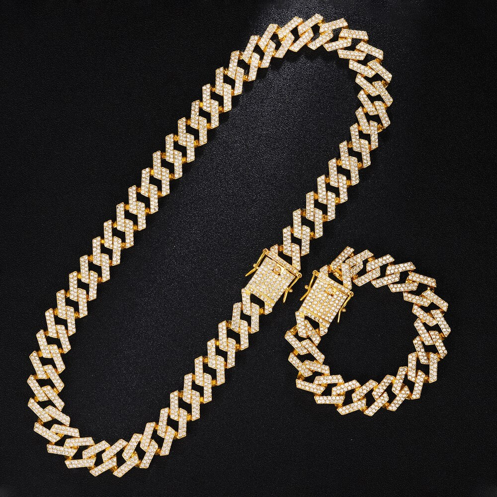 Men Women Hip Hop Personality 20mm Cuban Chain Necklace+Bracelet Set