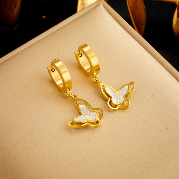 Pendientes de mariposa de acero inoxidable 316L color dorado para mujer