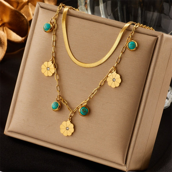 Collar con colgante de flor de piedra verde de dos capas de acero inoxidable 316L para mujer