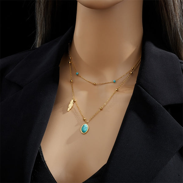316L Stainless Steel Feather Oval Green Stone Pendant Necklace For Women