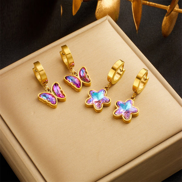316L Stainless Steel Butterfly Pentagram Colorful Purple Crystal Earrings For Women