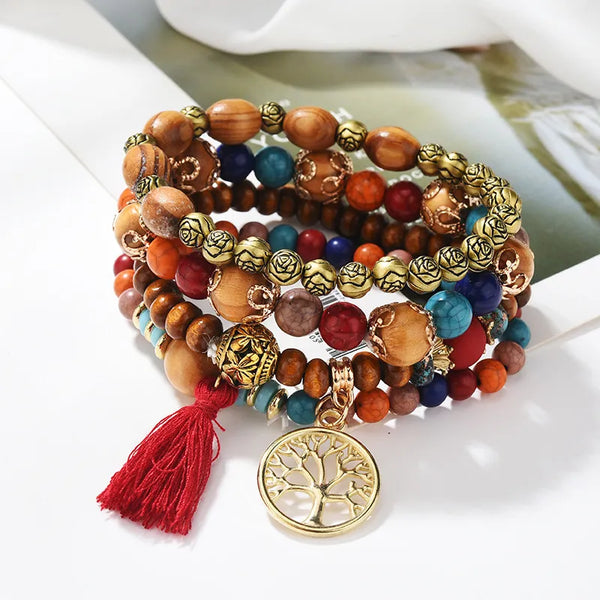 Pulsera Bohemia Creativa para Mujer con Árbol de la Vida, Joyería con Borla y Cuentas de Madera Multicapa