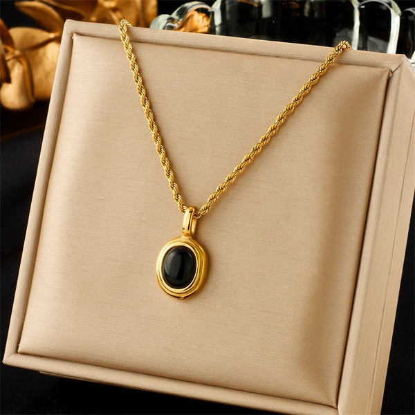 316L Stainless Steel Oval Black White Stone Pendant Necklace For Women