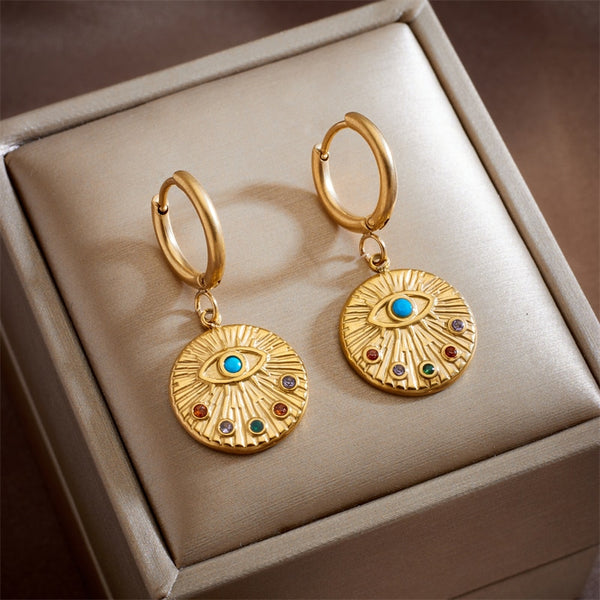 Pendientes de aro de acero inoxidable 316L con circonitas redondas y coloridas para mujer