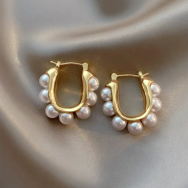 Pearl Hoop Earrings for Women Luxury Gold Color U Shape Design Wedding Earrings