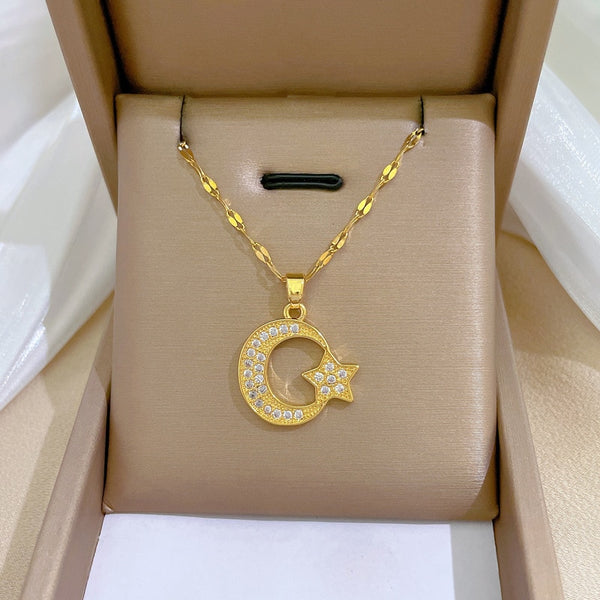 Collar con colgante de luna y estrellas de acero inoxidable 316L para mujer