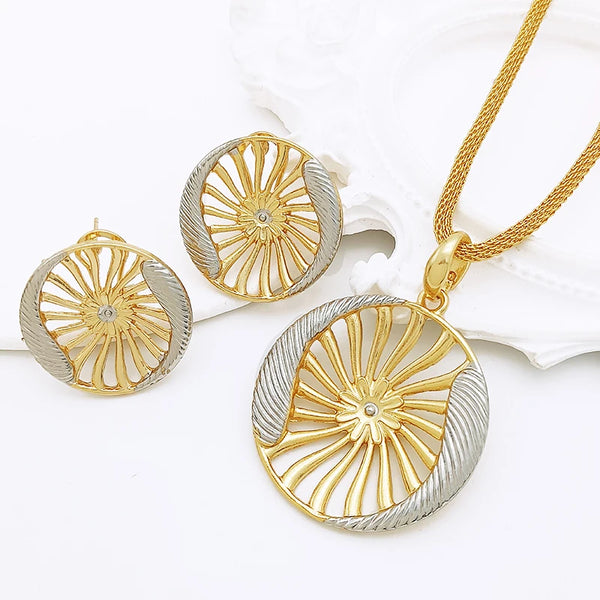 Conjunto de 2 pendientes y collar redondos de dos tonos para mujer de Dubái