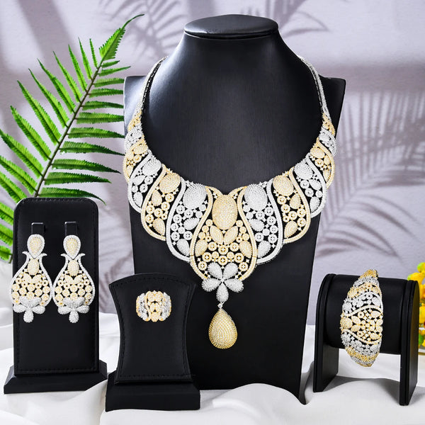Luxury Nigerian Dubai Big Jewelry Sets For Women Full Shiny Cubic Zircon Bridal  Jewelry Sets