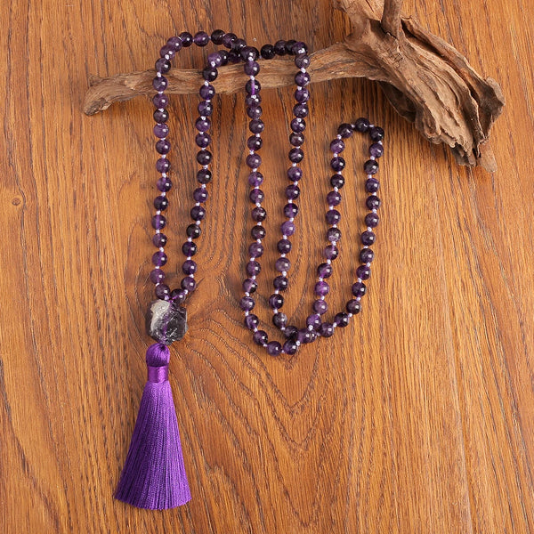 Collar de meditación con 108 cuentas de mala anudadas de amatista natural de 8 mm